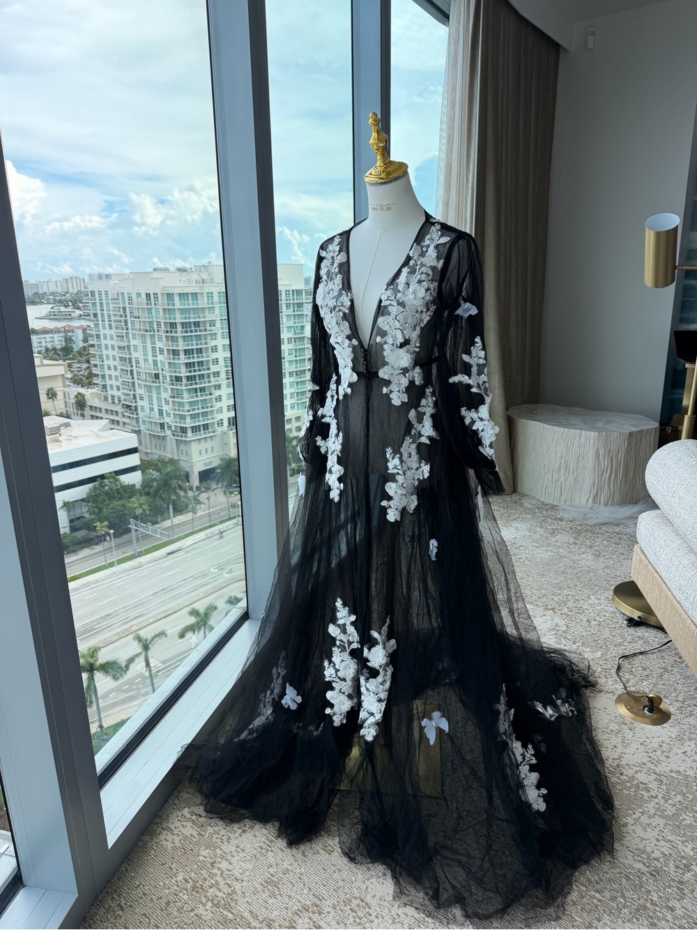 Sheer Black Tulle Robe with White Floral Appliqué